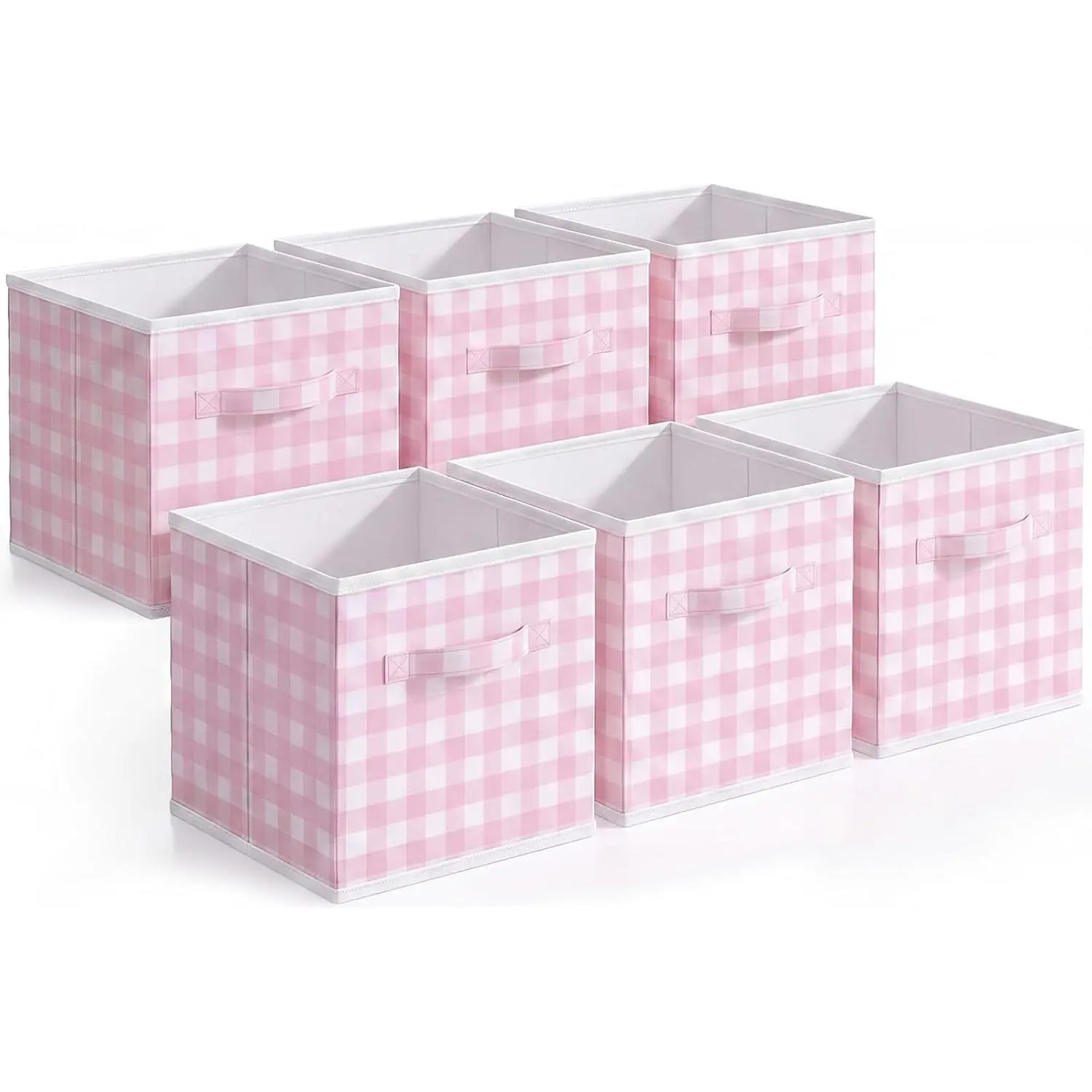 6-Pack Green Gingham Fabric Cube Storage Bins - 11in Decorative Collapsible Cubby Baskets with Handles, Household Drawer Inserts for Classroom, Playroom