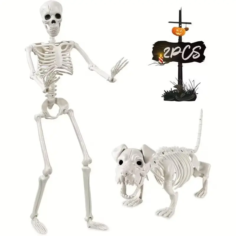 Halloween Skeleton Man and Dog Set, 15 Joint Adjustable, Horror Theme Decor, Festive Decoration, Party Decoration, Spooky, Easter Home Decoration, 2 Piece Kit, 90cm Skull Design