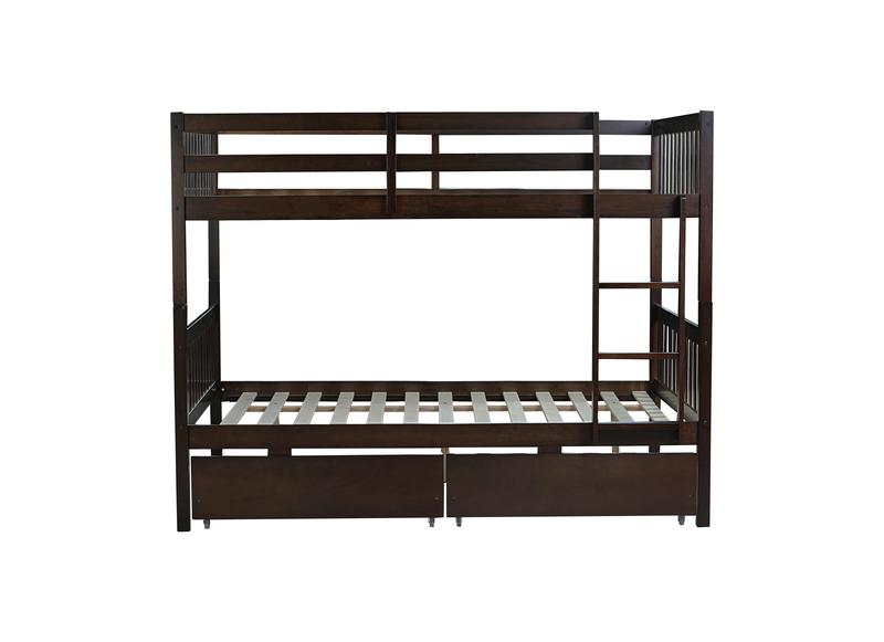 full Over full Rubber Wood Bunk Bed with 2 Drawers, Convertible into 2 full Beds, full Size Bunk Bed with Ladder and Safety Guardrails ,Espresso