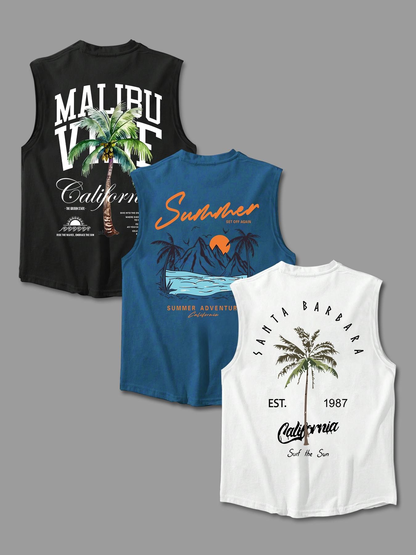 Men's Letter & Palm Tree Print Tank Top, Regular Fit Casual Soft Comfy Sleeveless Round Neck Top for Summer, Men's Clothes for Daily Wear, Stretch Tank Tops, Sleeveless Shirt