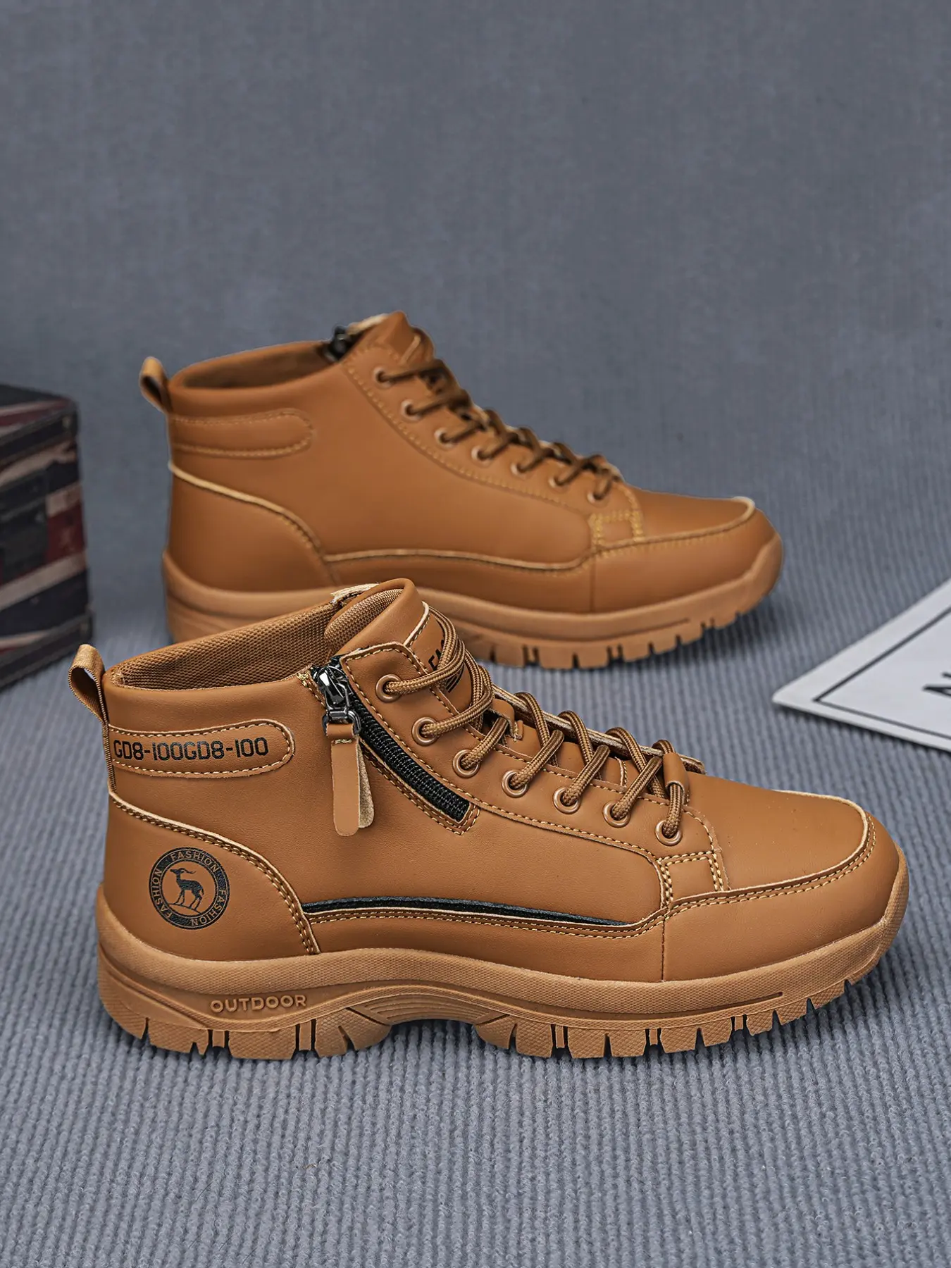 Men's Thick Sole High Top Outdoor Work Shoes, Metal Zipper and Laces, Slip-Resistant, Durable, Casual, All Seasons, Youth Sports Shoes, Walking Shoes