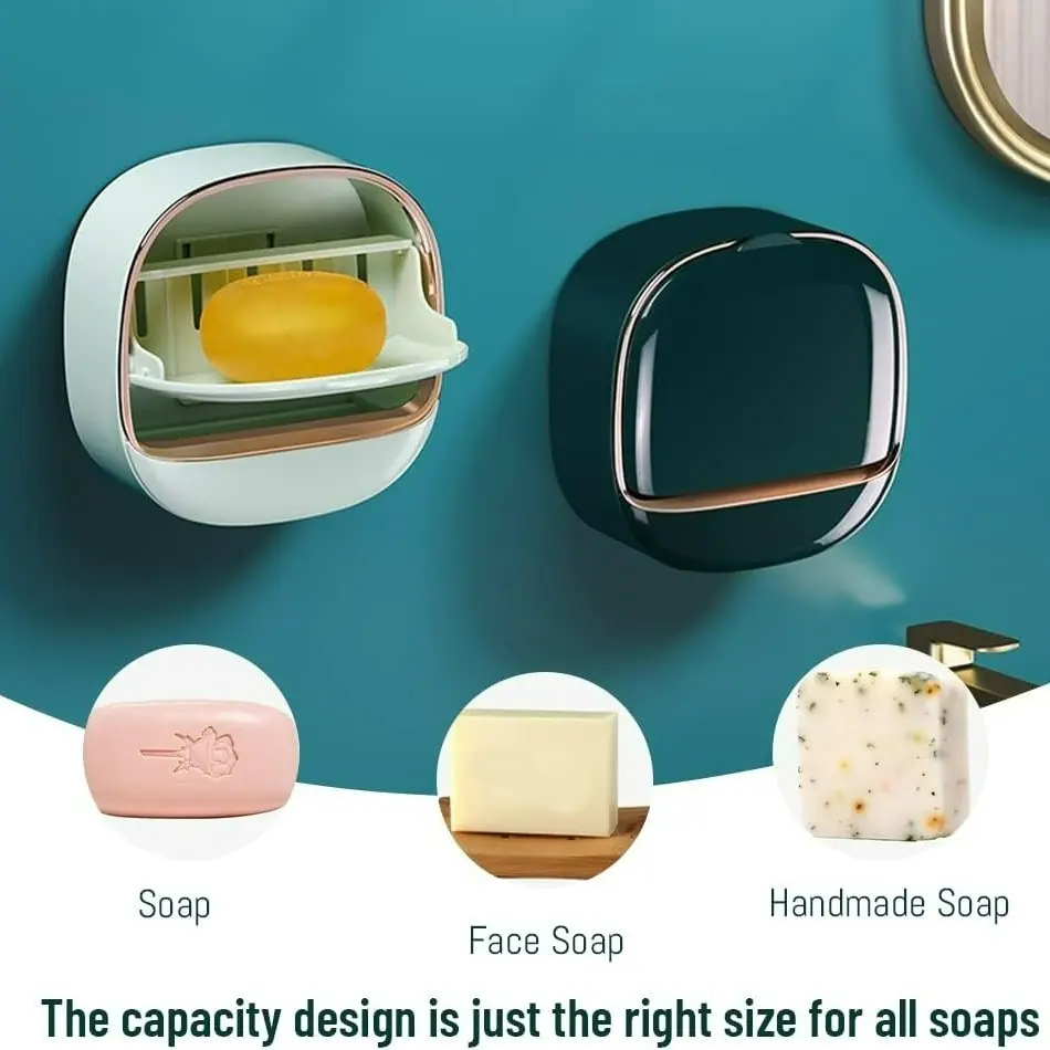 Bathroom Shower Soap Box Wall Mounted ABS Soap Box With Lid Waterproof Soap Dish Washing Board Storage Box (Green)
