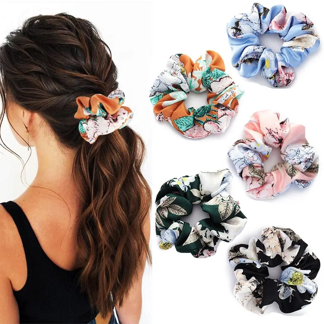 Floral Silk Satin Scrunchies for Women, 5 Pack Hair Ties for Thick Curly Hair, Gift Set, Elastic Hair Ties
