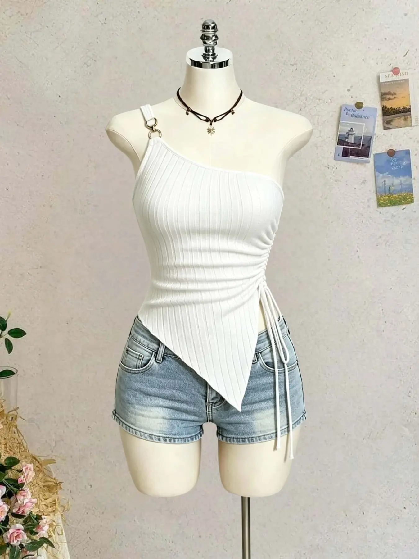 Women's Vertical Stripe Knit Camisole Tank Top, Casual Comfy Cami, Sleeveless Single Shoulder Metal Ring Strap, Adjustable Drawstring Waist, High Elastic Soft Fabric, Versatile Casual Daily Wear