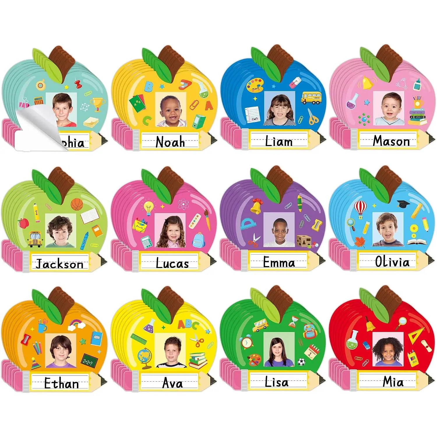 72 count  Photo Nameplates Self Adhesive  Shape Name Labels Stickers Colorful Pencil Book Photo Name Tags for Desk Bins Cubbies Classroom  to School Decorations Teacher Supplies