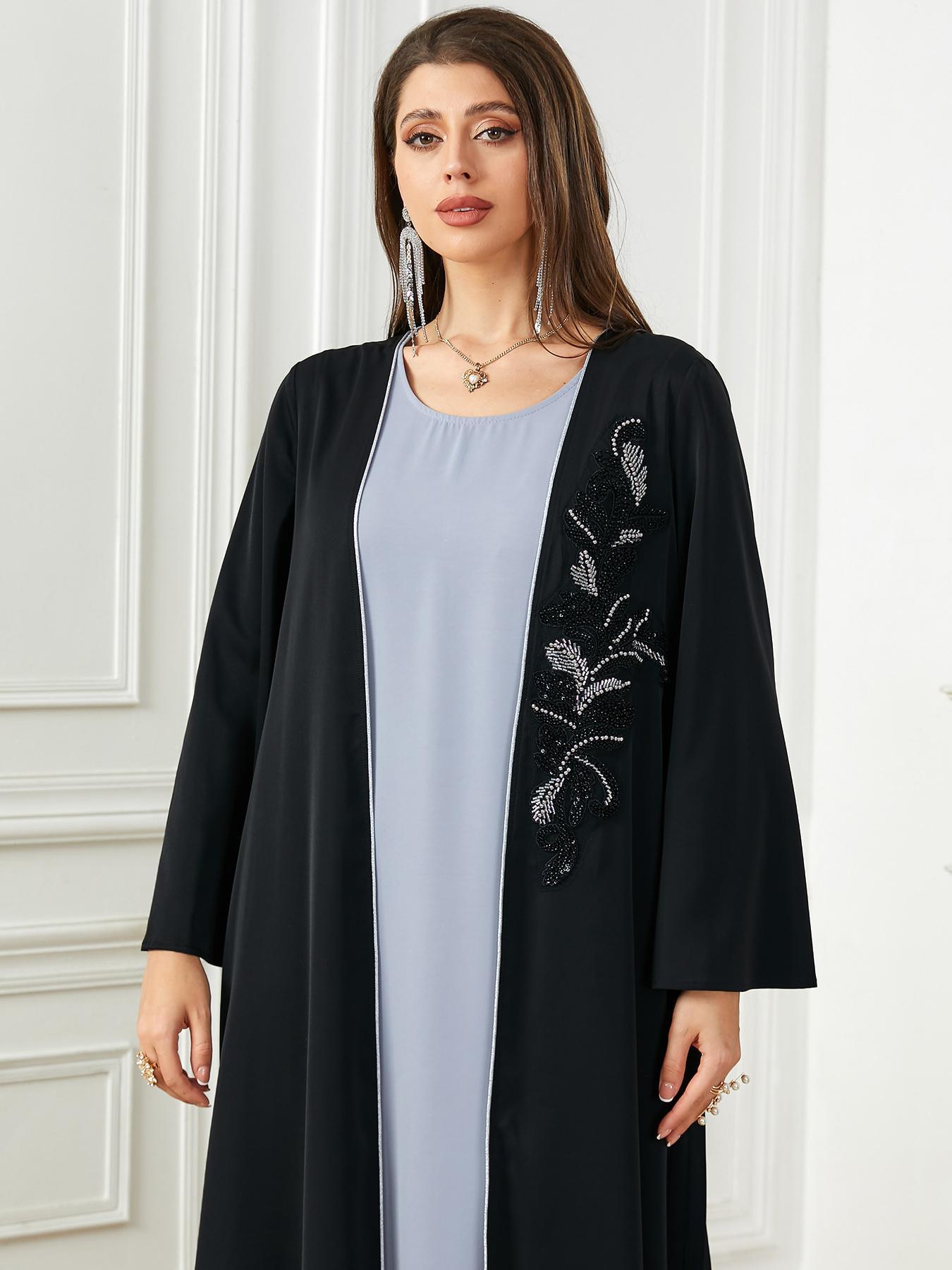 Women's Floral Embroidery Faux Pearl Decor Pleated Kimono Sleeve Abaya, Elegant Long Sleeve Open Front Abaya for Daily Wear, Ladies Islamic Clothing for All Seasons, Modesty Muslim Clothing, Floral Embellished Abaya