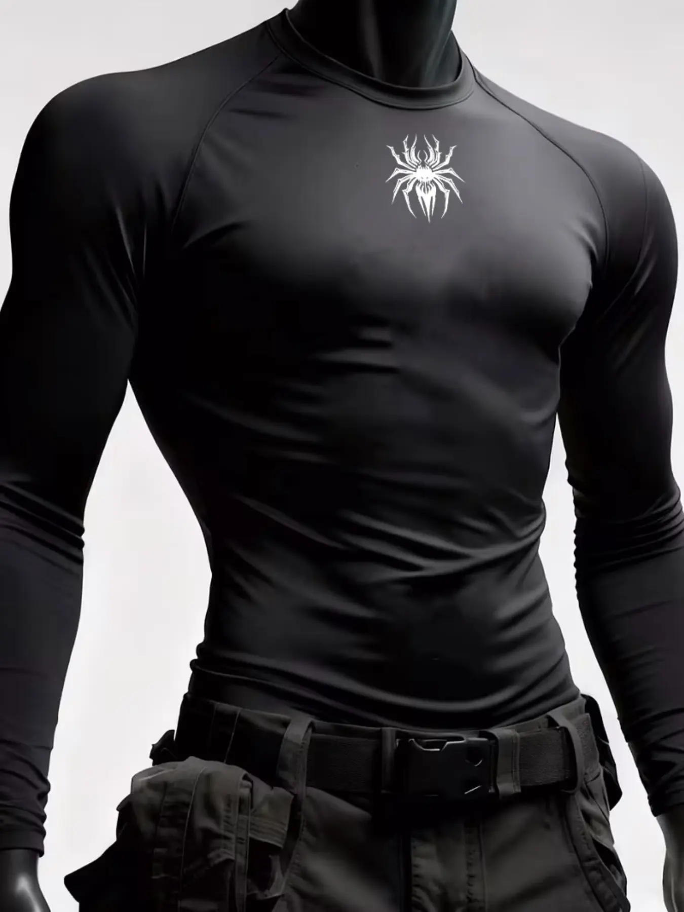 1 Pack Men's Compression Shirt Long Sleeve Black Athletic Top with Spider Graphic Muscle Fit Base Layer Quick Dry Tee for Gym Workout Running Weightlifting & Training.