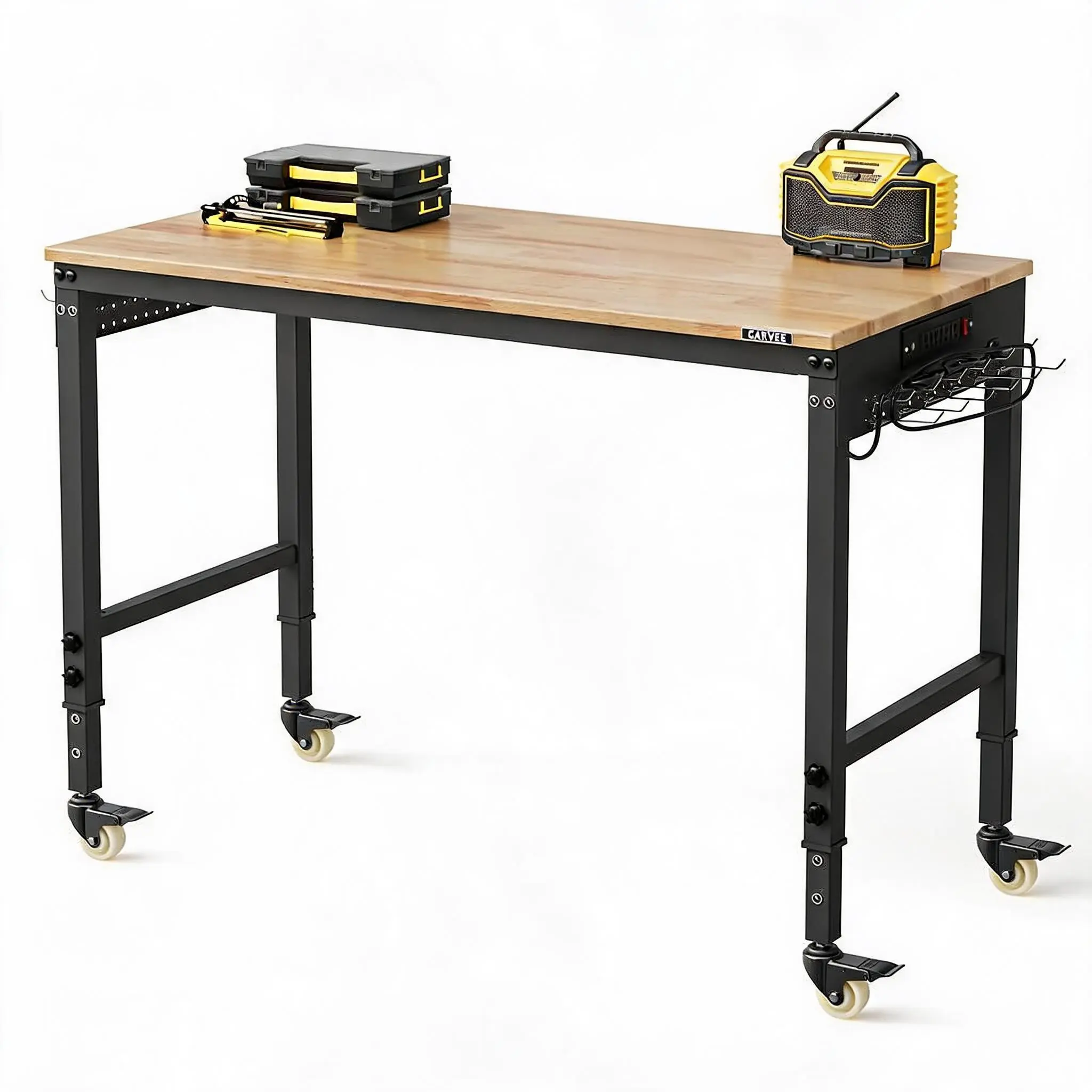GARVEE Industrial 48-in Heavy-Duty Workbench - Adjustable Height Rubberwood Workshop Table with Steel Legs, Power Outlets, Lock Wheels, Mobile Base for Garage, Workshop