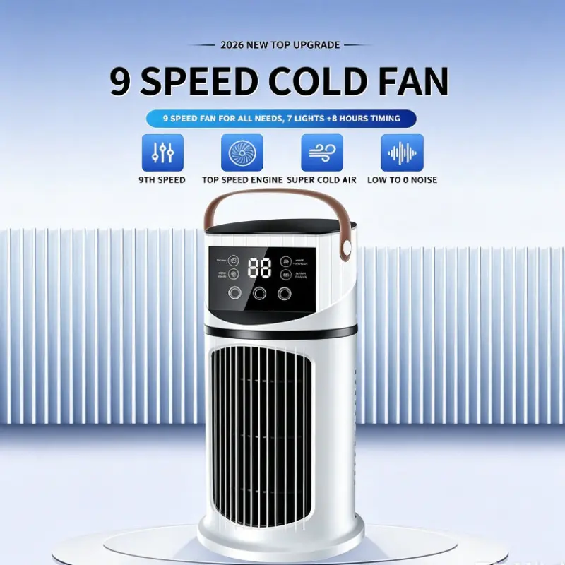 Summer Cool Essential，Spray Humidifier Cool Fan, 9 Wind Speed Settings, 3 Spray Holes, 8 Hour Timer, 7 Color Lights, Ideal for Home, Dorm, Office
