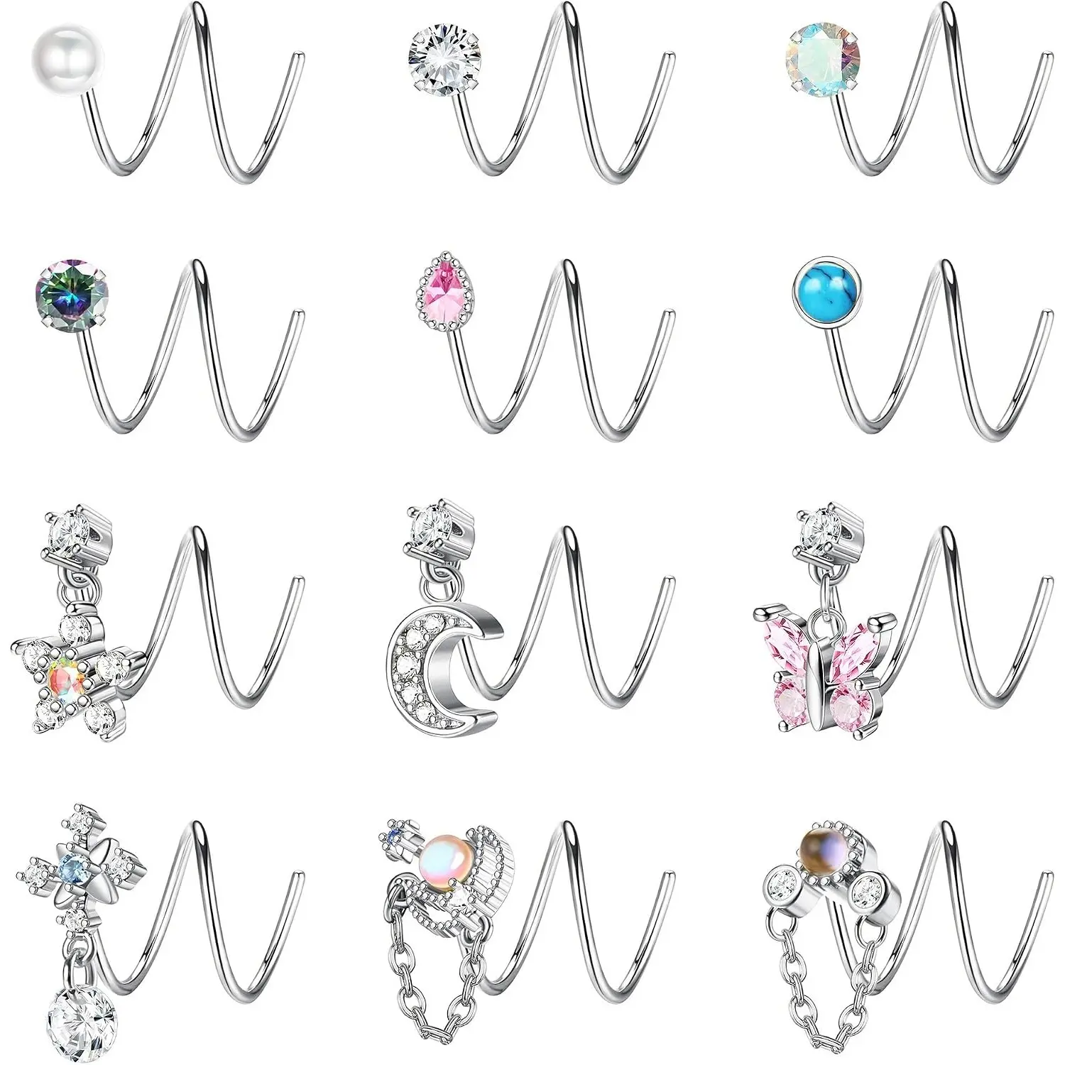 12 Pcs 20G Double Dangle Nose Hoop for Single Piercing, Stainless Steel Dangling Nose Ring, Spiral Snake Flower Moon Twist Nose Hoops Body Piercing Jewelry for Women