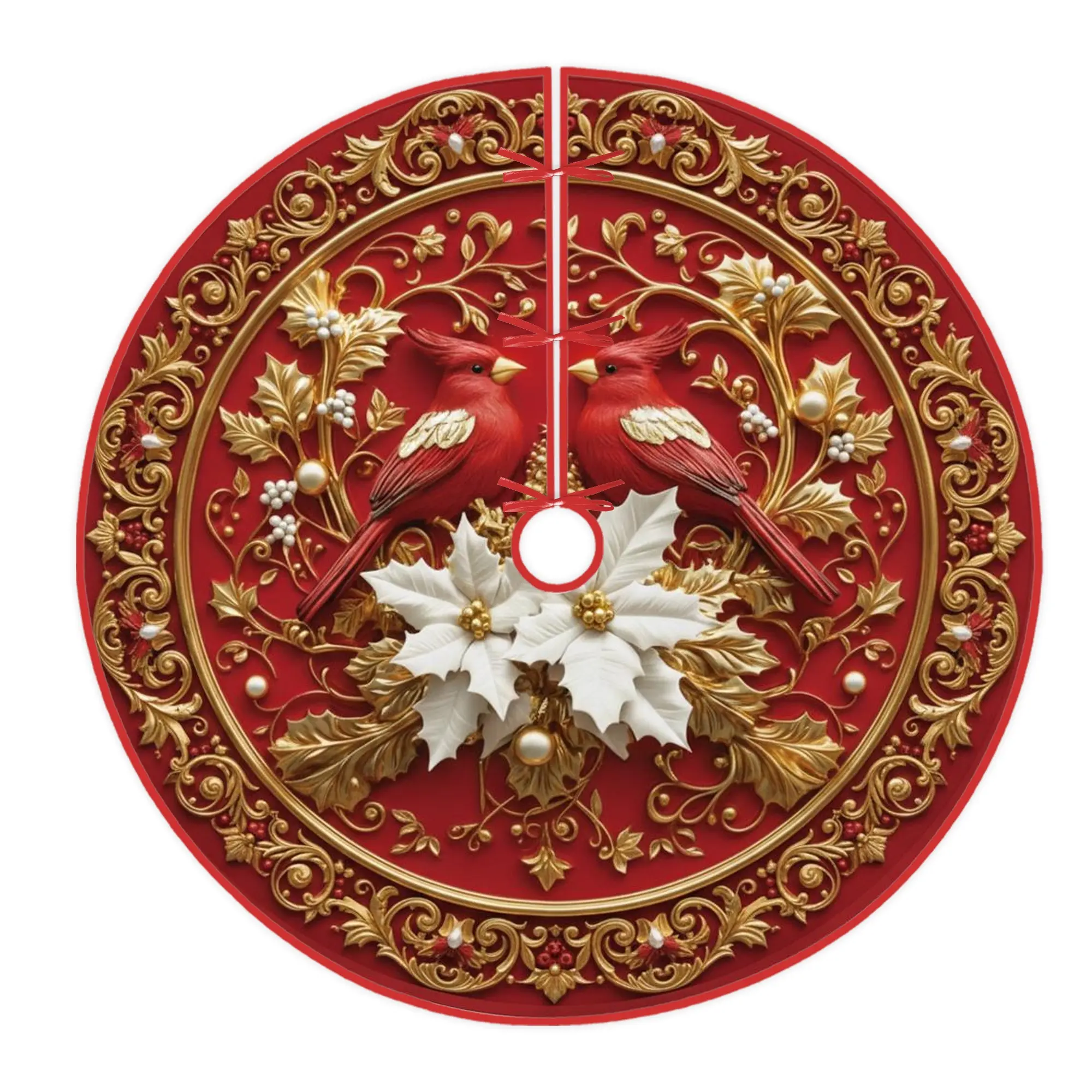 Cardinals Tree Skirt, Christmas Festive Poinsettia Gold Accents Christmas Red Velvet Tree Skirt Holiday Decorations for Home Church Indoor Outdoor Festival Party Decor