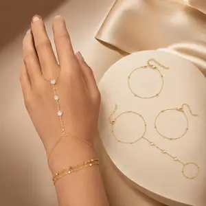 18K Gold Plated Stainless Steel Y-Shaped Hand Chain Bracelet Sparkling CZ Stone Inlay Adjustable Wrist Finger Link Bracelet 3-in-1 Detachable Minimalist Luxury Stackable Jewelry for Women Daily Party Holiday Gift