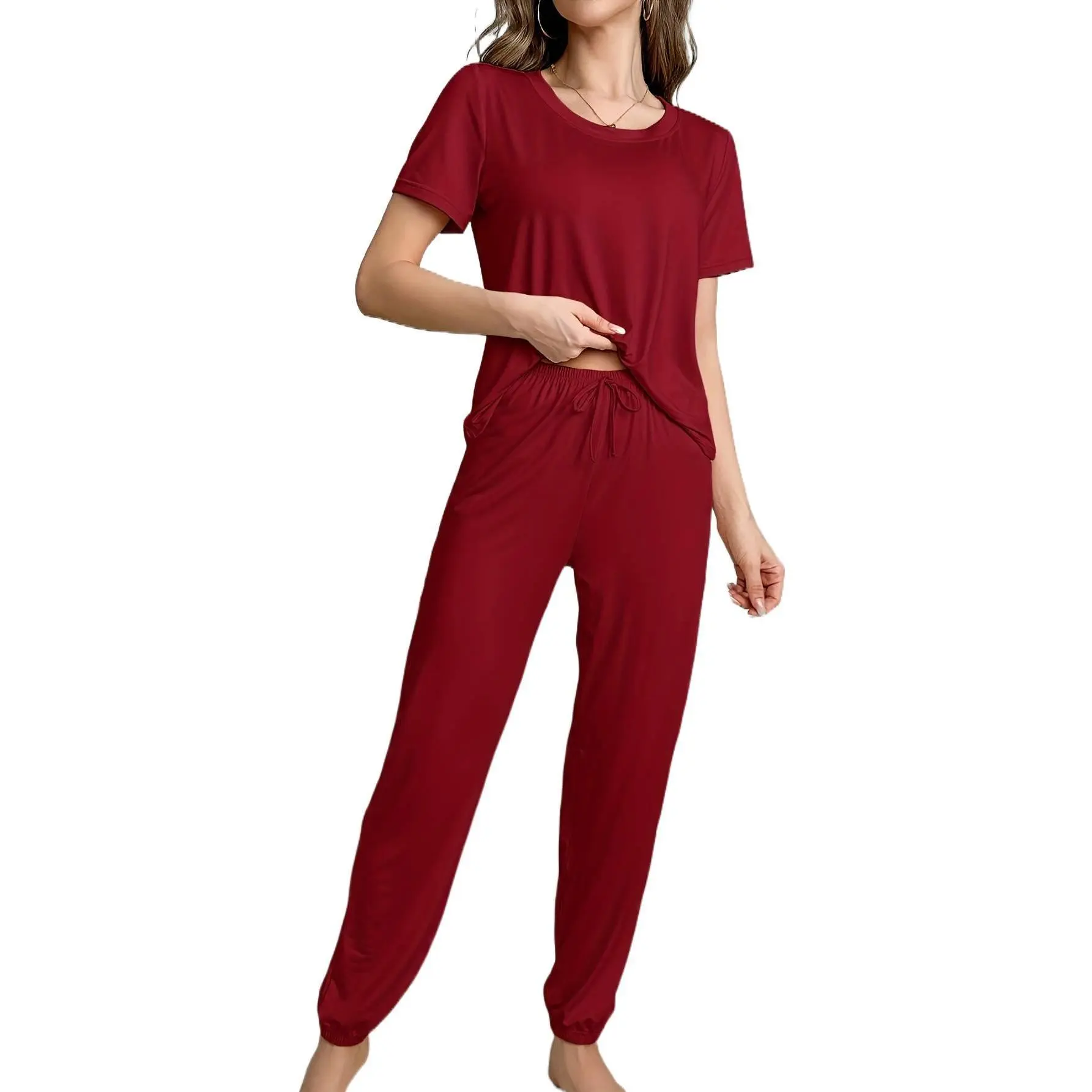Classic Solid Color Milk Silk Two Piece Set Ladies Short Sleeve Top Long Pants Casual Loungewear Daily Vacation Outfit