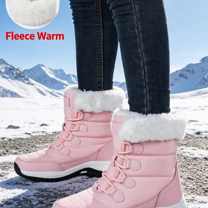 Women's High-Top Winter Snow Boots, Solid Color Boots, Warm Fleece Lined, Windproof Anti-Slip Waterproof, Casual Outdoor Sports Shoes Footwear