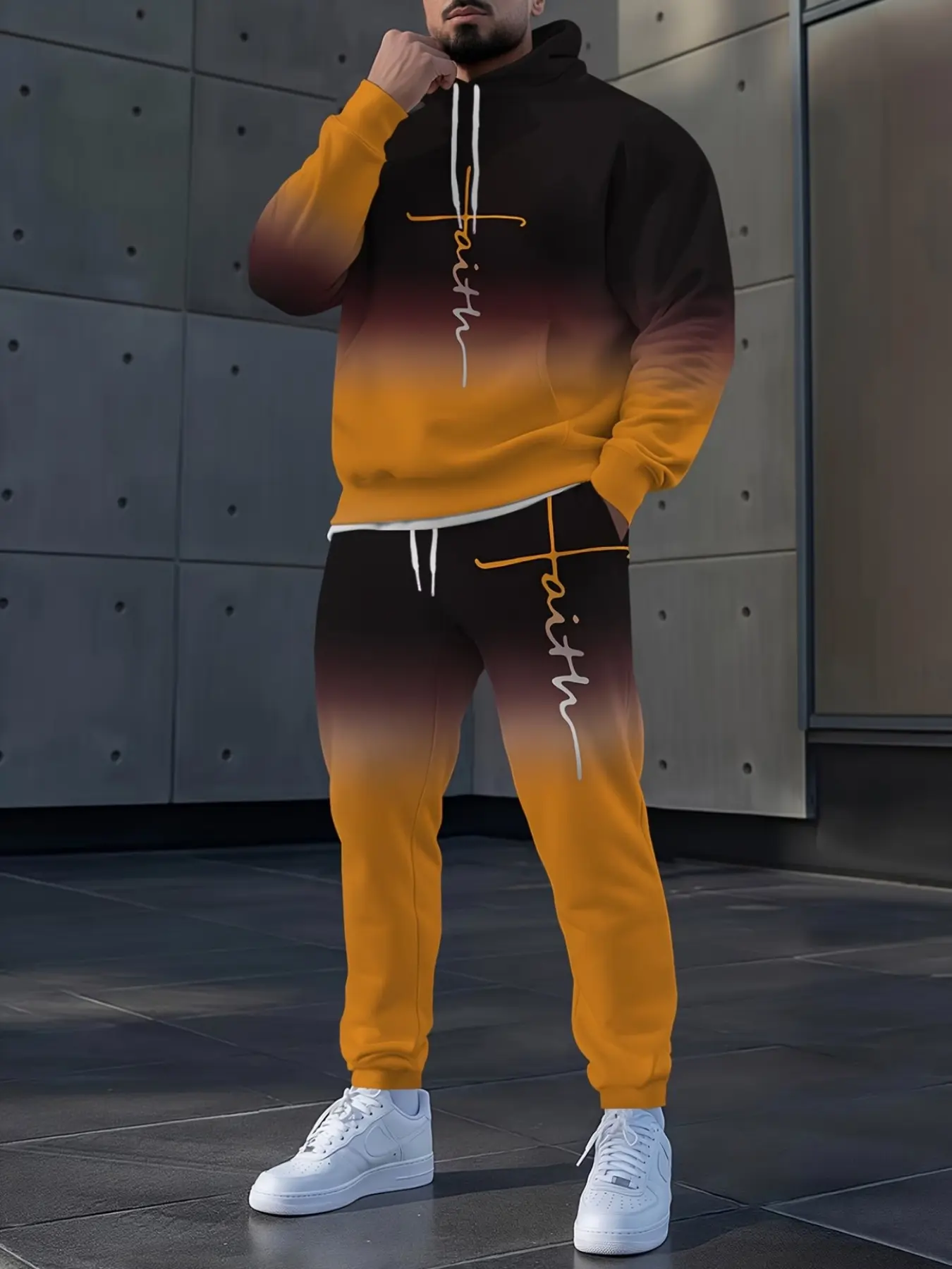 Gradient Digital Print Sports Set, Long Sleeve Hoodie + Casual Pants, 2-Piece, Letter Digital Print, All Seasons, Graphic Tracksuit Set