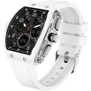 Watches Men  Rectangle Relojes para Hombres White Wristwatch with Digital Analog Dual Time Display Countdown Stopwatch Punk Design 5ATM vintage