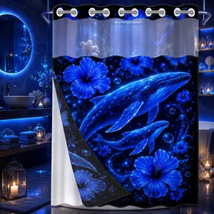 1Pc Hookless Double Layer Shower Curtain, Glowing Blue Whale Hibiscus Star Bubble Print, Waterproof Mildew Resistant Fabric, Deep Sea Bathroom Decor, Removable Snap-in Liner Accessory, Top See-Through Window, Divider Curtain, 71×74 Inch