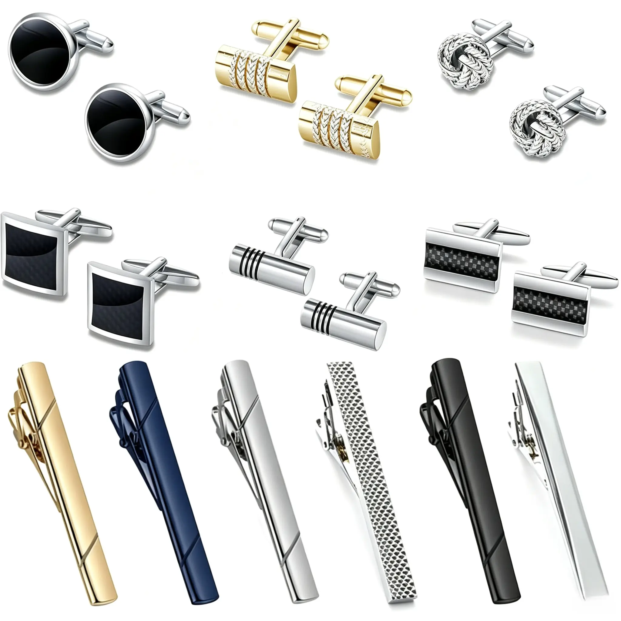 18PCS Tie Clip & Cufflinks Set – Stainless Steel Tie Bar Clips, Business Wedding Shirt Accessories Gift for Men