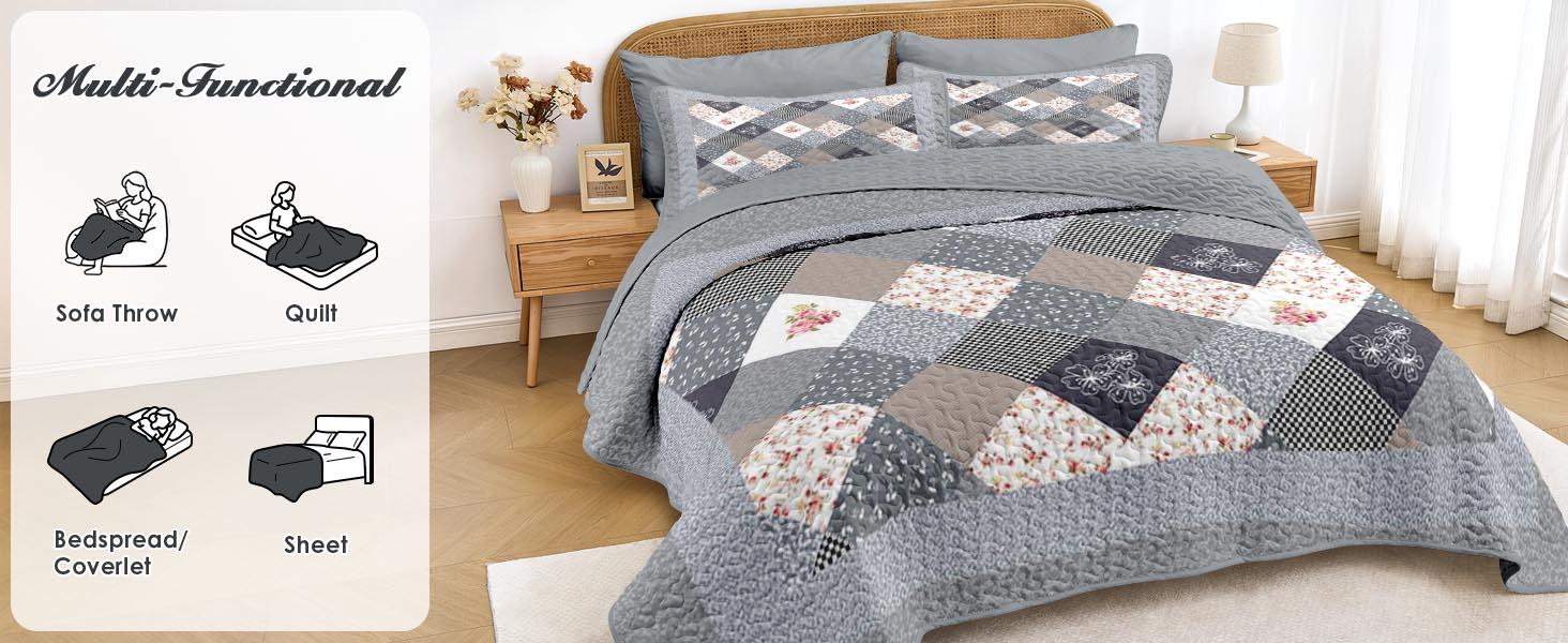 Patchwork Set Queen Size, Floral Rustic 3 Pcs Soft Bed Cover Bedding Set, Boho Flowers Lightweight Bedspread Coverlet with 2 Pillow Shams for All Season