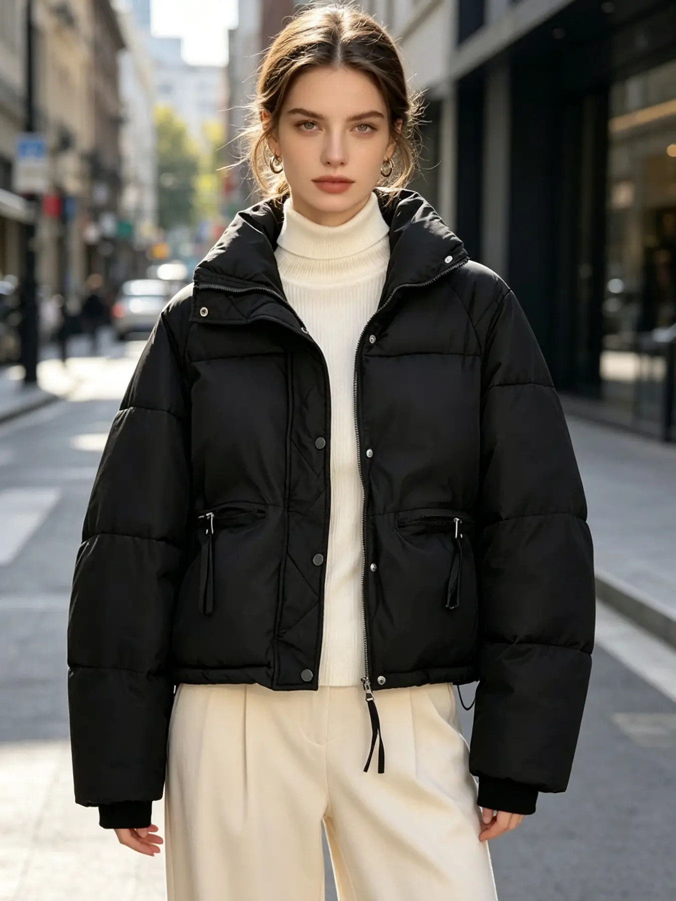 Women's Short Puffy Jacket, Stand Collar, Zipper Pockets, Street Style Winter Coat, Fashionable and Warm Outerwear for Cold Weather