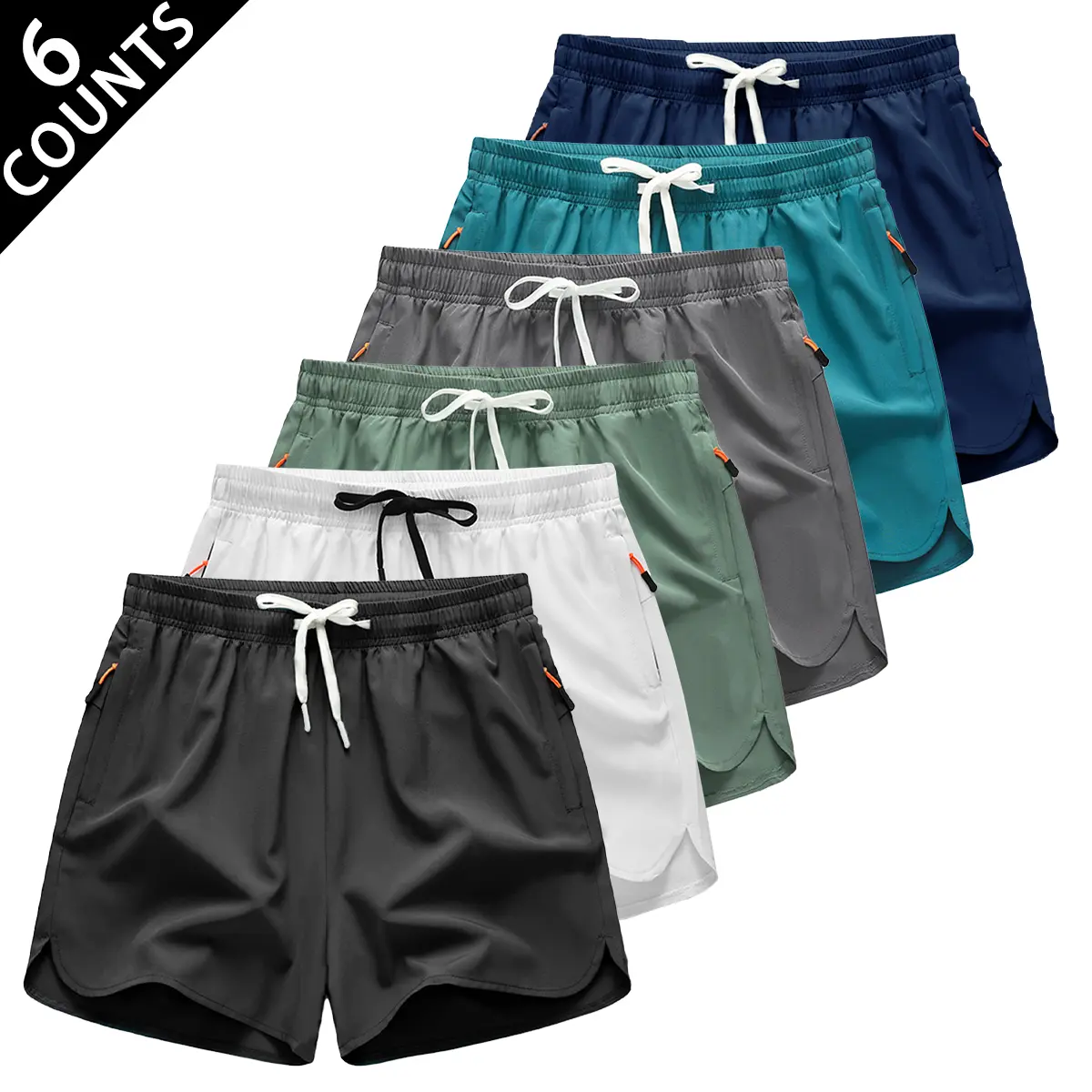 Men's 6-piece quick drying sports shorts with elastic waistband and zipper pocket, lightweight and breathable running shorts with split hem, solid color loose shorts suitable for fitness training, beach vacation, and daily casual street wear in summer: