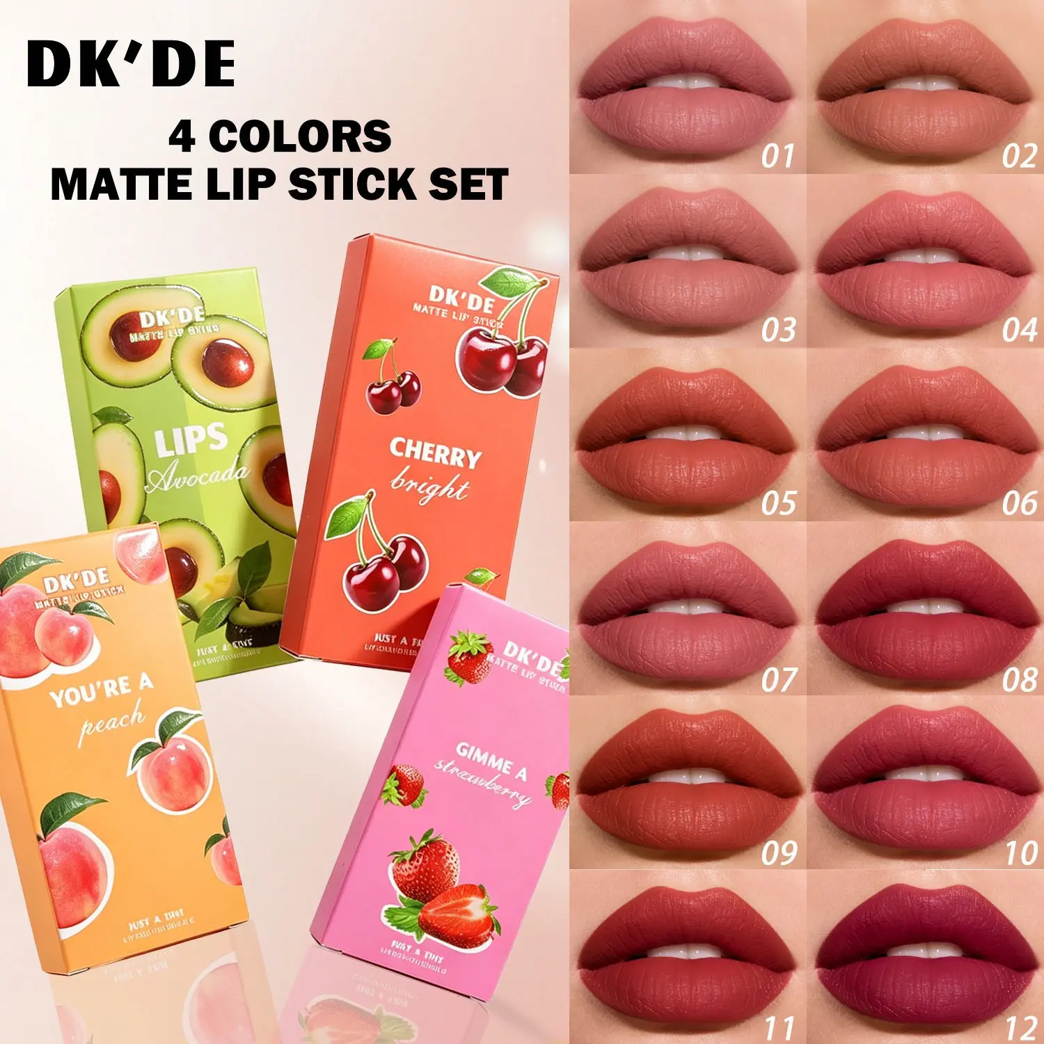 Fruit Matte Lipstick Set, Berry Lip Trio, 3 Pcs Gift Box, Avocado Cherry Peach Strawberry, 12 Shades, Long-Lasting Waterproof, Perfect for Daily Use