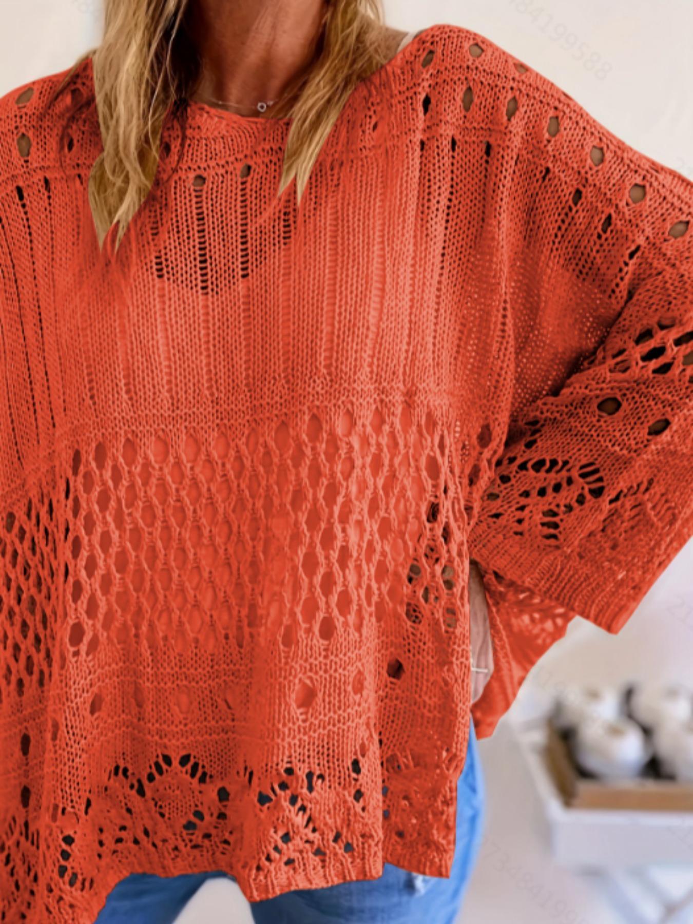 Women's Plus Size Fall Winter Hollow Out Round Neck Knit Top, Casual Elegant Vacation Style, Loose Batwing Shoulders, Long Sleeve Knitwear