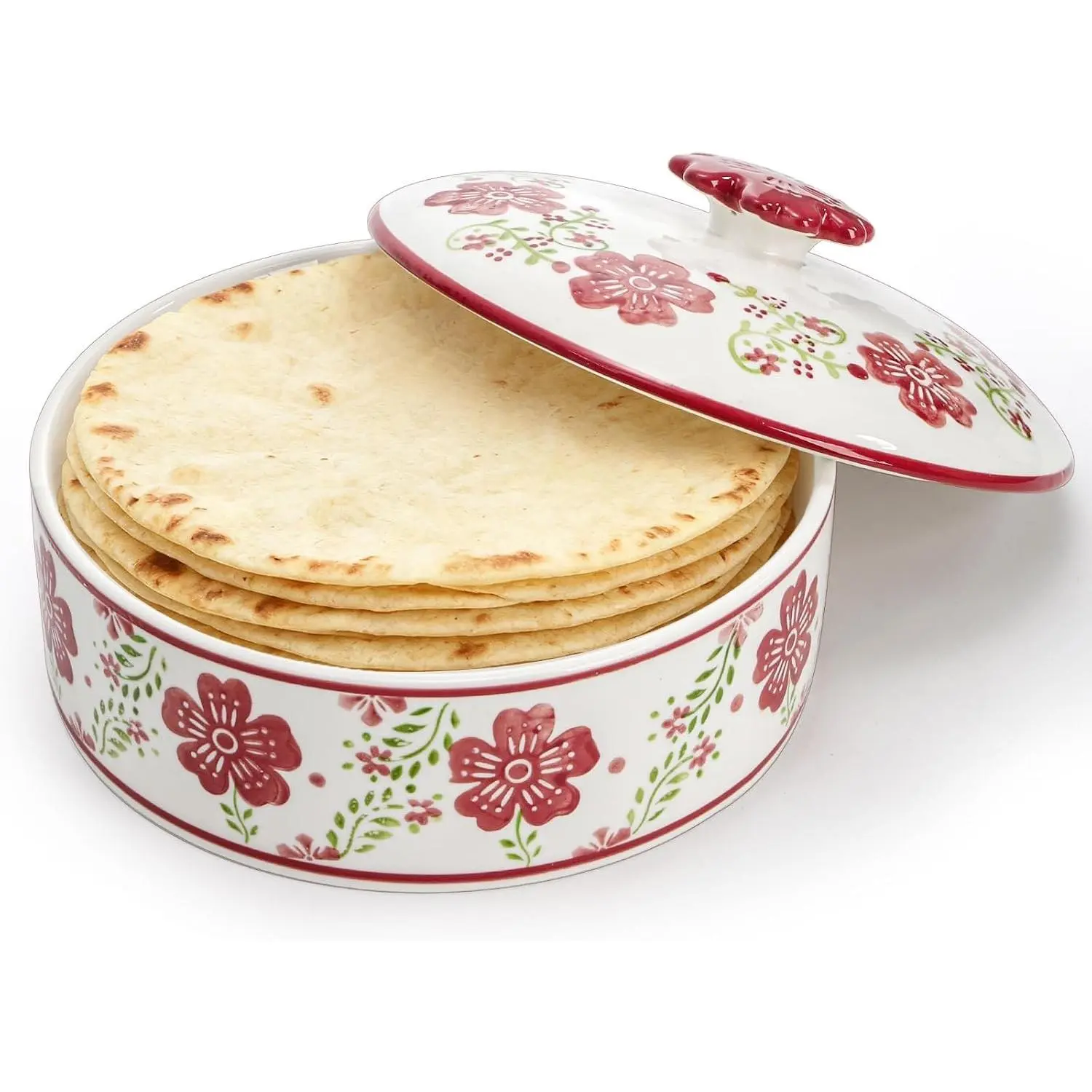 Ceramic Tortilla Warmer, 8.5 Inch Tortilla Holder with Lid Insulated Roti Holder for 12 Tortillas Hand-printed Taco Server for Tacos, Roti, Taco Tuesday, Microwave, Oven, Dishwasher Safe