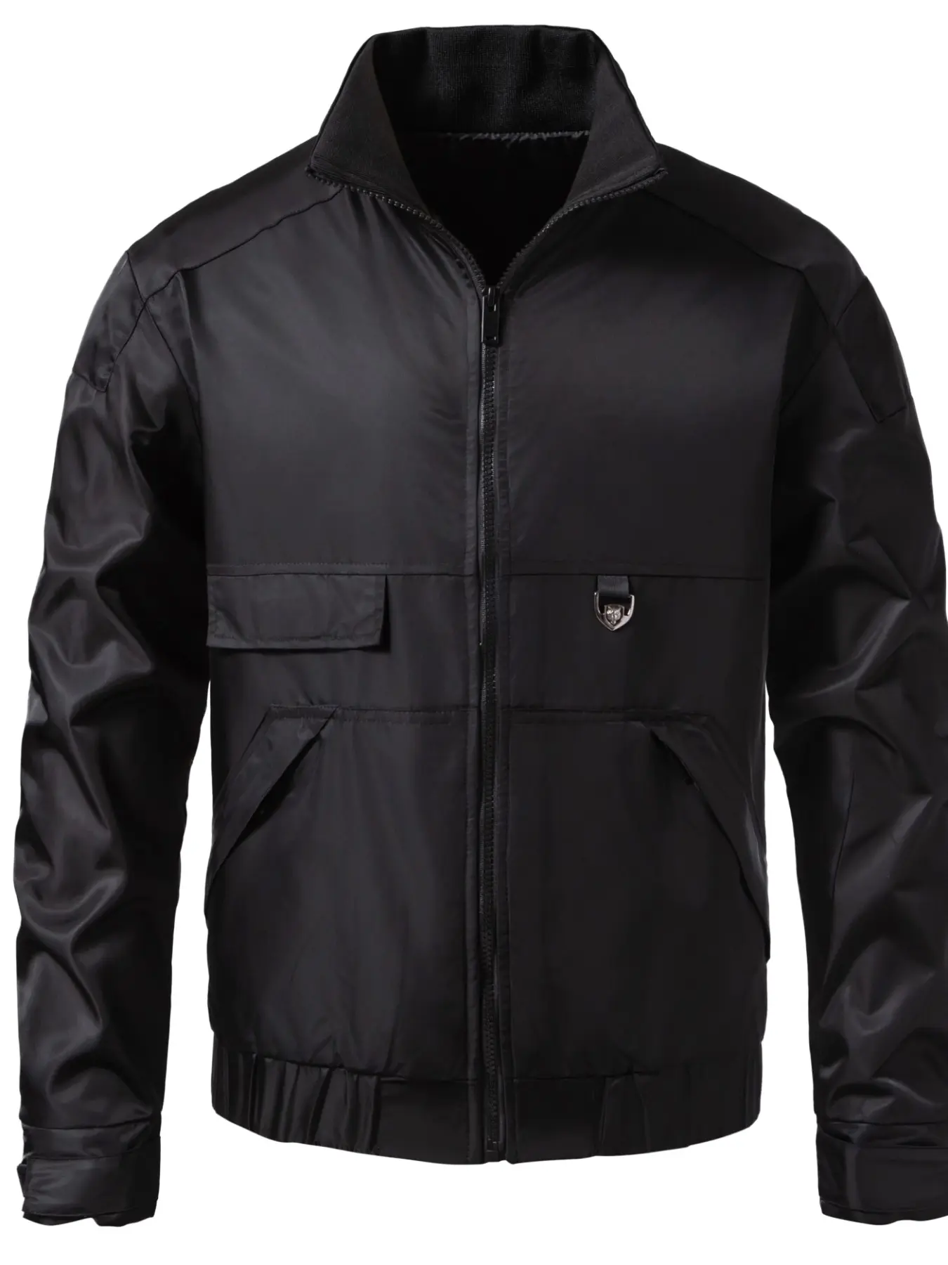 Men's Stand Collar Lightweight Flight Jacket, Full Zipper Multi-Pocket Metal Button Decor, Ribbed Hem Windproof Streetwear Outerwear