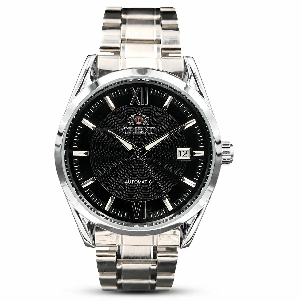 Orient Men's Automatic Watch, Silver Stainless Steel Bracelet, White Dial with Roman Numerals, Classic Dress Watch, Date Display