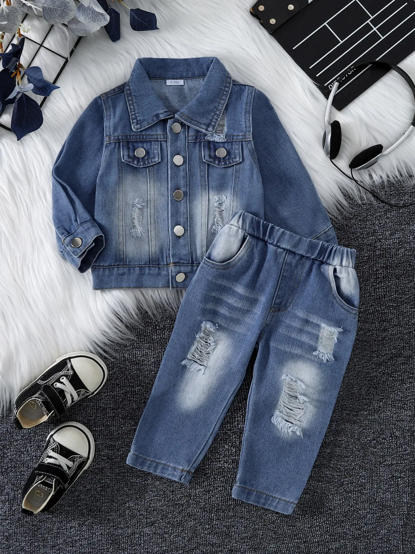 Boys' Spring & Fall Denim Set, Long Sleeve Loose-Fit Jacket + Elastic Waist Pants, Vintage Washed Denim, Ripped Design, Versatile, Toddler Suit, Outfit Sets