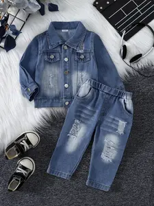 Boys' Spring & Fall Denim Set, Long Sleeve Loose-Fit Jacket + Elastic Waist Pants, Vintage Washed Denim, Ripped Design, Versatile