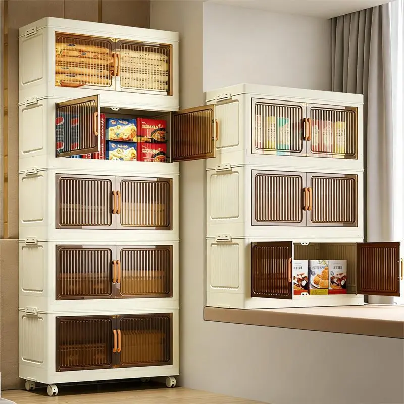 Heavy Duty No Assembly Storage Cabinet Movable Universal Wheel Durable Stackable Transparent Door Large Capacity Home Toy Snack Sundries Storage Box