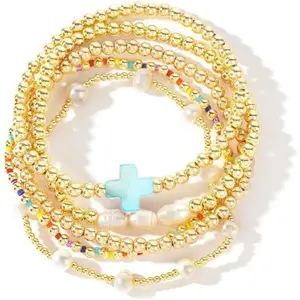 14K Gold Pearl Beaded Cross Bracelets Stack Set for Women,Stretch Boho Colorful Christian Beads Ball Jewelry Trendy Gift