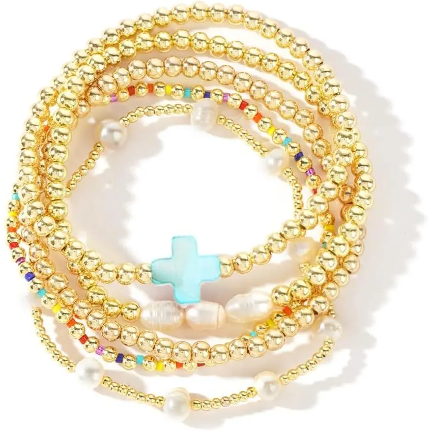 14K Gold Pearl Beaded Cross Bracelets Stack Set for Women,Stretch Boho Colorful Christian Beads Ball Jewelry Trendy Gift