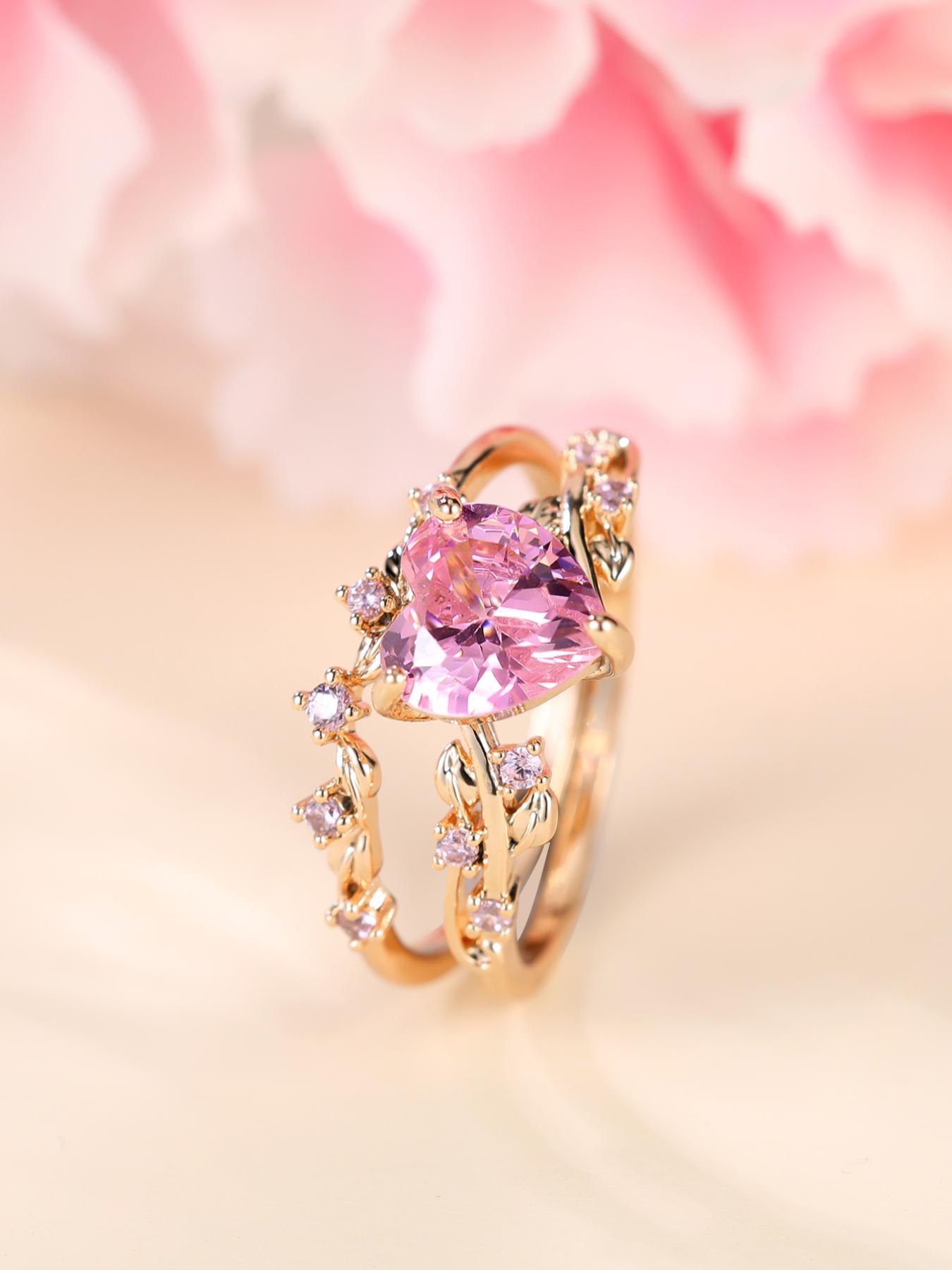 2pcs/set Women's Elegant Artificial Gemstone Decorated Heart Design Ring, Fashion Jewelry For Women & Girls, All-match Accessory, Heart Cluster Ring