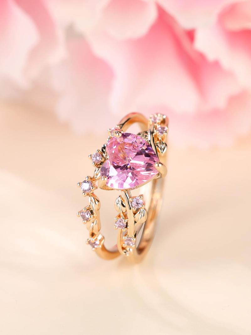 2pcs/set Women's Elegant Artificial Gemstone Decorated Heart Design Ring, Fashion Jewelry For Women & Girls, All-match Accessory, Heart Cluster Ring