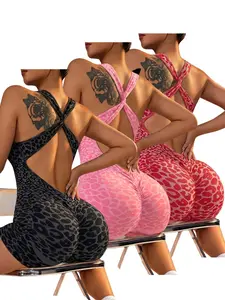 3-Pack Summer Leopard Print Yoga Jumpsuits, Seamless Cross Back Straps, High Waist Tight Fit, Peach Butt Slimming, Shaping Yoga Jumpsuit, Outdoor Sports & Casual Wear