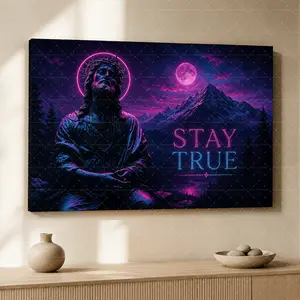Neon Purple "Stay True" Inspirational Wall Art, Cyberpunk Statue Poster, Aesthetic Bedroom Wall Decor, Living Room Canvas Print, Modern Office Wall Art, Teen Room Gift,wall decor,poster.