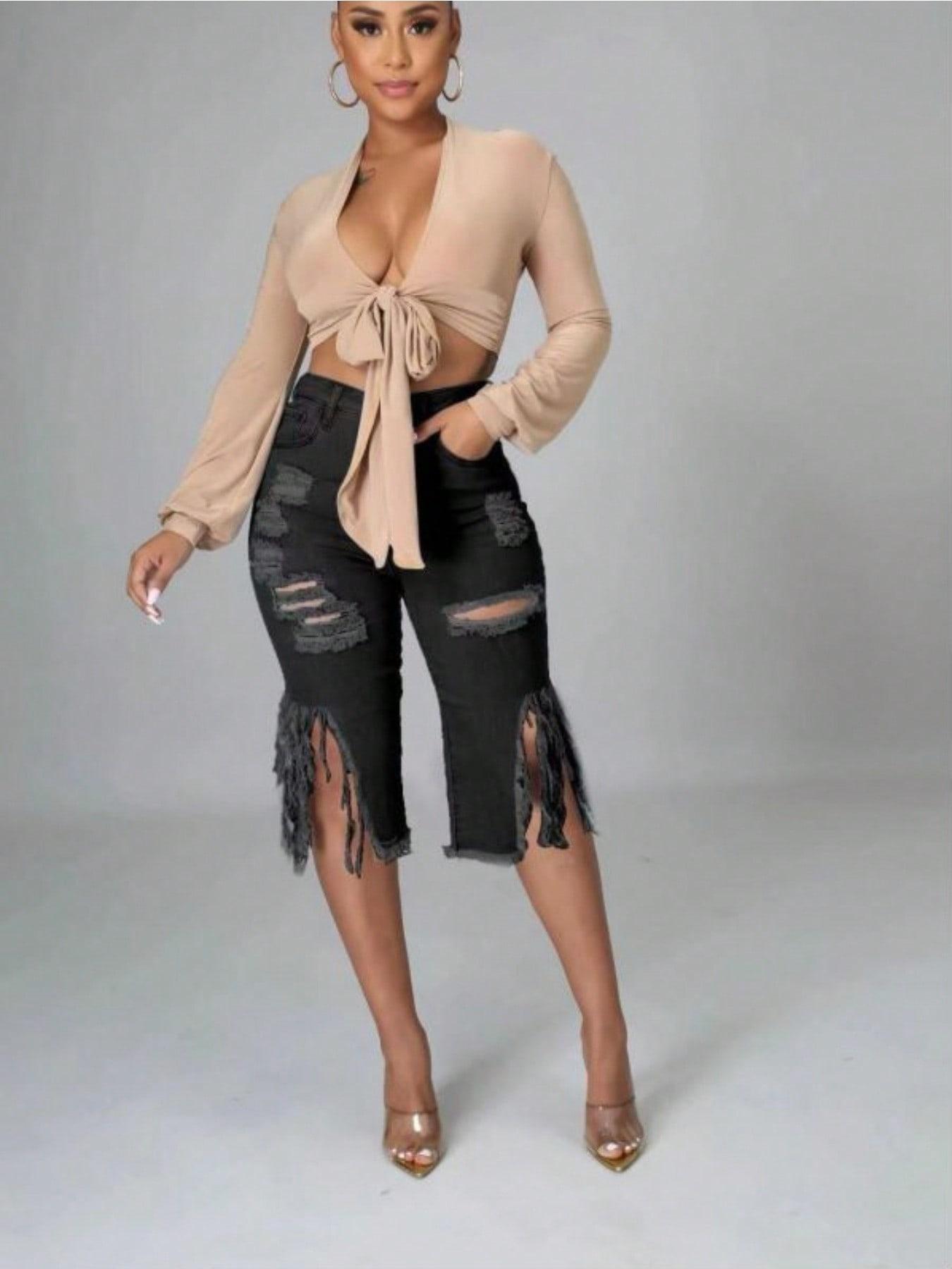 Ripped Fringe Denim Capris + Tie-Front Crop Top Set | Y2K Street Style Summer Outfit for Women | High Waist Distressed Jeans with Frayed Hem | Trendy Casual Going Out Look 2026 Ripped Fringe Denim Capris + Tie-Front Crop Top Set | Y2K Street Style Summer Outfit for Women | High Waist Distressed Jeans with Frayed Hem | Trendy Casual Going Out Look 2026