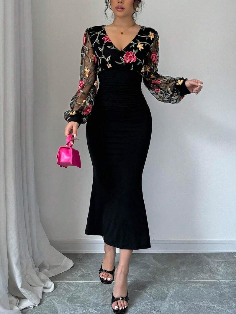 prom dresses, Valentine's Day Women's Floral Embroidery Tulle Patchwork Sheer Mermaid Dress, Elegant Bishop Sleeve V Neck Long Sleeve Dress for Party Holiday Wedding Guest, Ladies Clothes for All Seasons, Fashion Dress