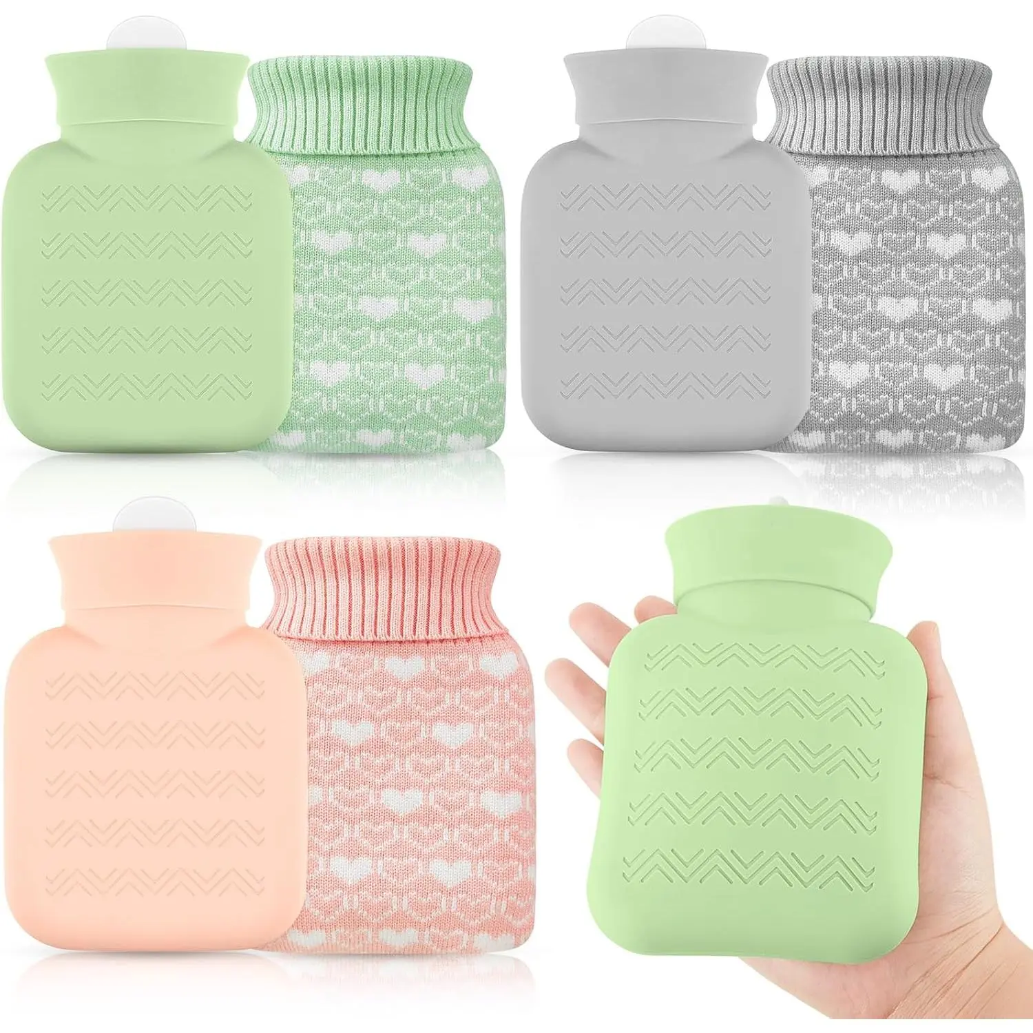 3 Pcs Mini Hot Water Bottle with Knitted Cover 320ml, Mother's Gift Water Bag for Women, Microwave Heating Bottle for Pain Relief Menstrual Cramps Travel(Gray, Pink, Green,Heart Print)