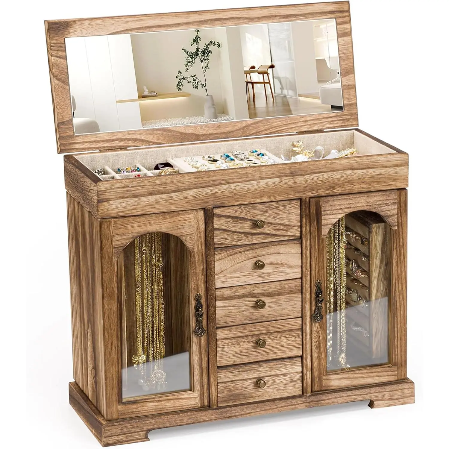 Box for Women Girls, Rustic Wooden  Organizer Box with Mirror, 5 Layer  Storage Case Display for Necklaces Earrings Rings Bracelets Valentine's Day Gifts