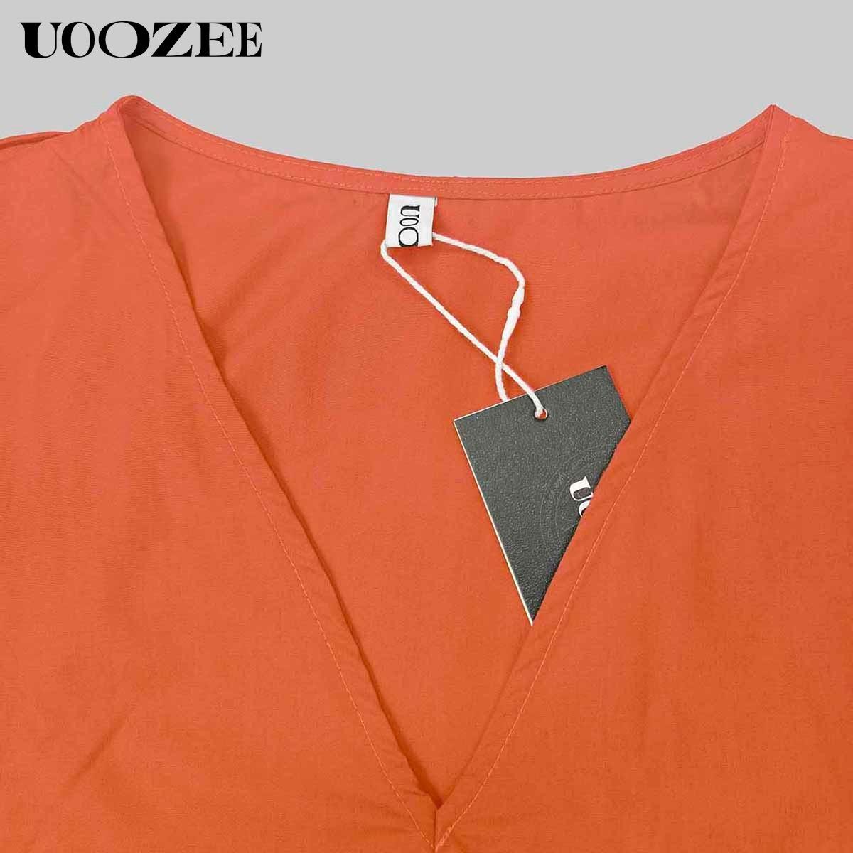 UOOZEE Women's Orange Loose Short Sleeves Pleated Pockets Solid Color Split-Joint V-Neck Maxi Dresses Summer Casual Basic Elegant Style Cotton Blend Comfortable Fit