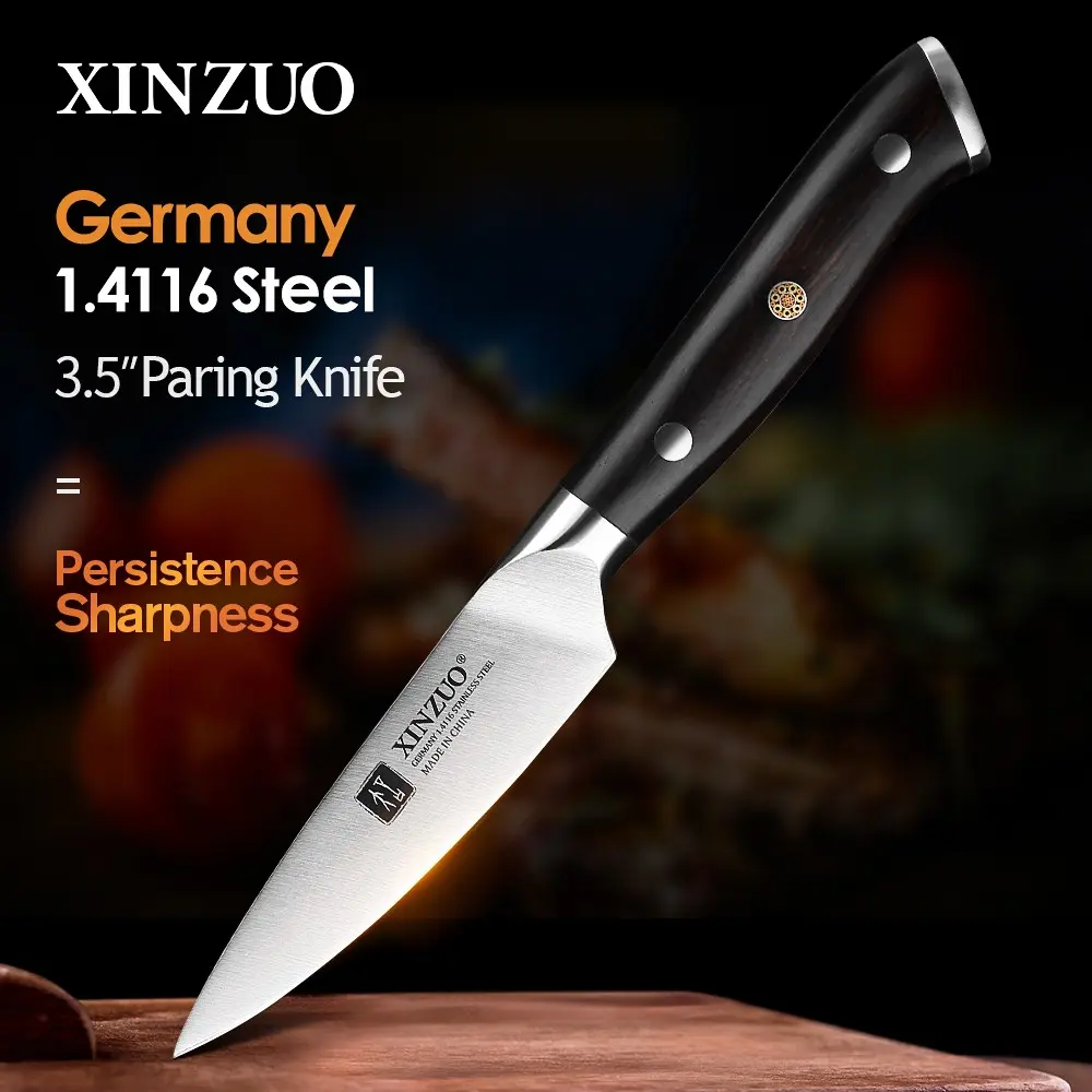 XINZUO Yu Series Stainless Steel Paring Knife, 3.5 Inches, German ThyssenKrupp 1.4116 Molybdenum Vanadium Steel Blade, Ebony Handle, 56-58 HRC, 6.0-8.0N Force, Beautiful Gift Box