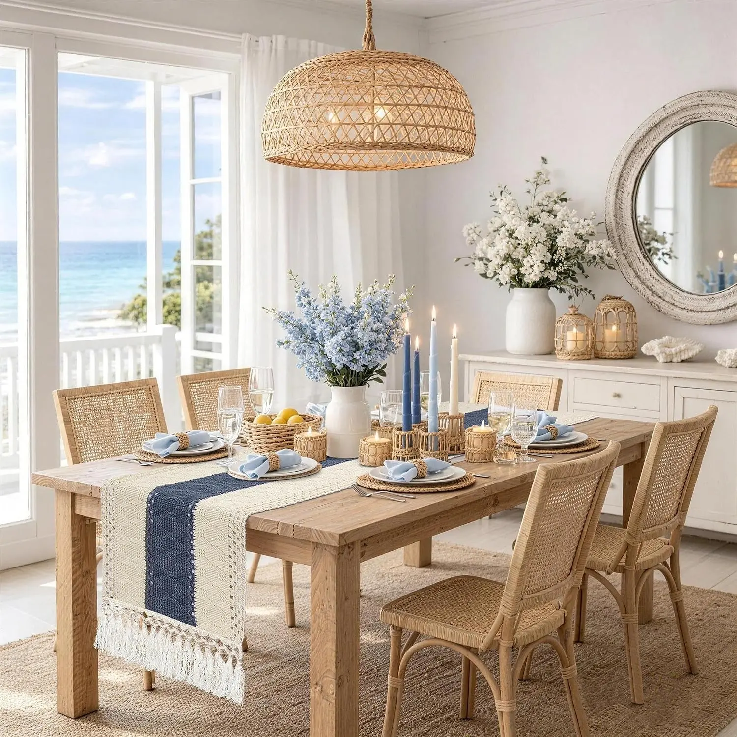 Table Runner 72 Inches Long, Blue and White Table Runner -  Coastal Boho Macrame Dresser Runners for Bedroom, Dining & Coffee Table with Tassels