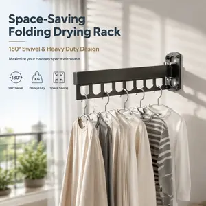 Space-saving Folding Clothes Drying Rack, retractable and rotatable. Ideal for balconies and small apartments.