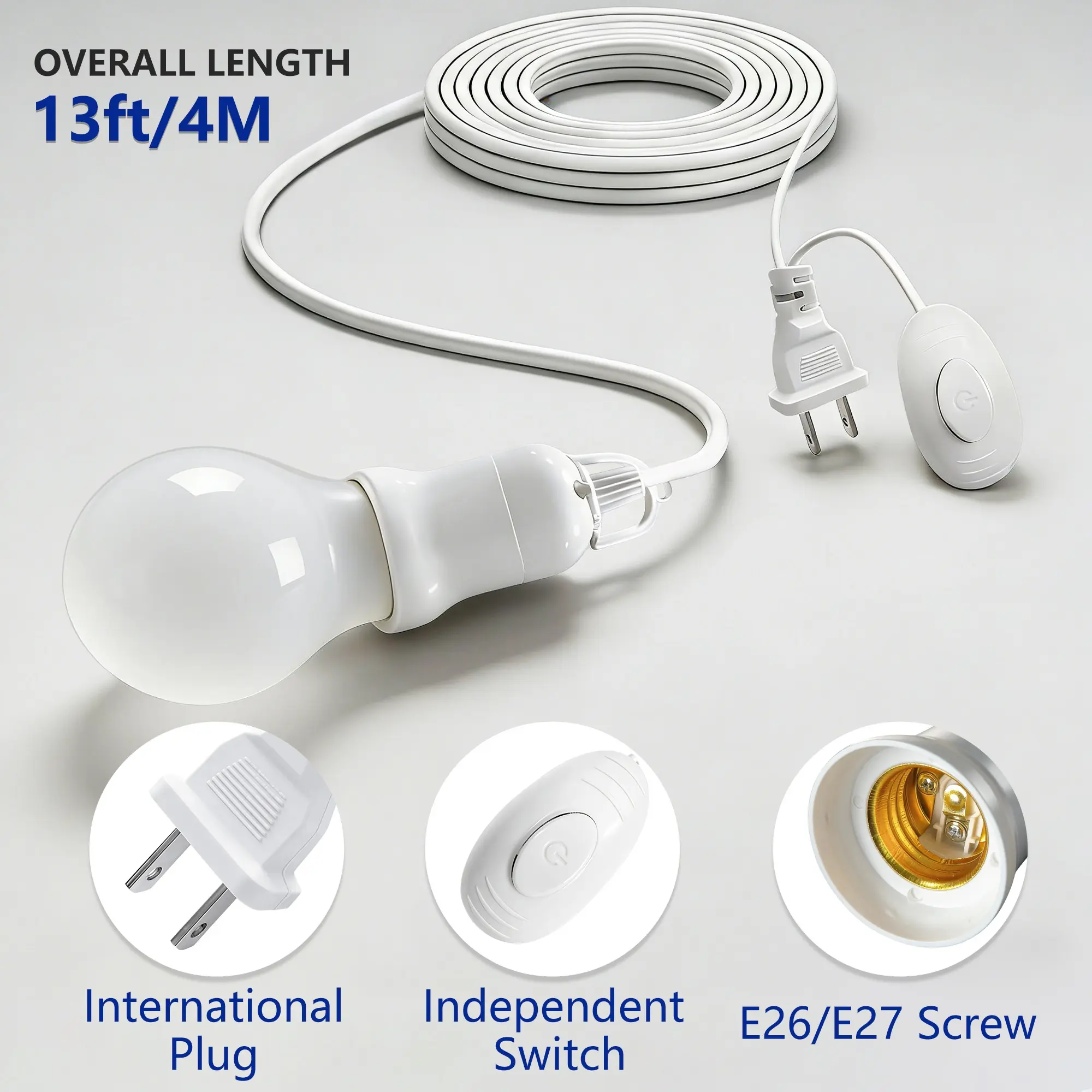 Kasotile 4m DIY Pendant Light Wire, E27/e26 Lamp Base Cable, Lighting Accessories, with Toggle Switch & Us Plug, Ideal for Bedroom or Kitchen Decor, Lamp Cord with Switch
