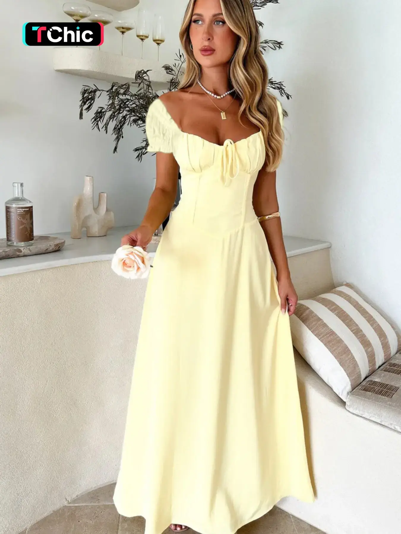 Elegant Chic Plain Lace Up Long Dress, Vintage Casual Slim-Fitting Short Sleeve Dress, Perfect for Summer, Vacation Style Womenswear