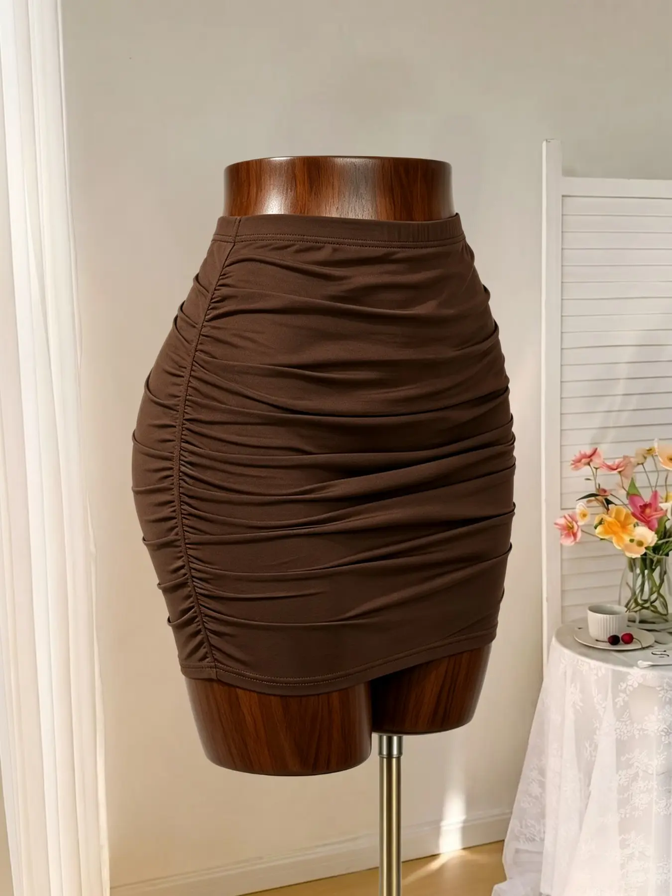 High-Waisted Elastic Bodycon Skirt, Side Pleats Design, Waistband Drawstring, Short Length, Slim Fit, Smooth Fabric, Sexy Style